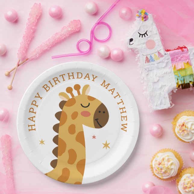 Cute giraffe. Funny animal safari kids birthday Paper Plate (Party)