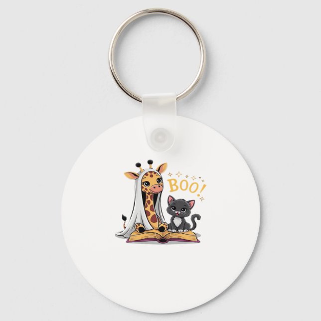 Cute Giraffe Ghost with Black Cat and Boo! Classic Key Ring (Front)