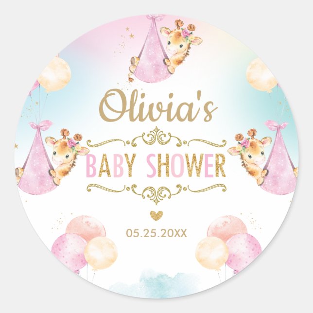 Cute Giraffe Girl Baby Shower Thank You Favour Classic Round Sticker (Front)