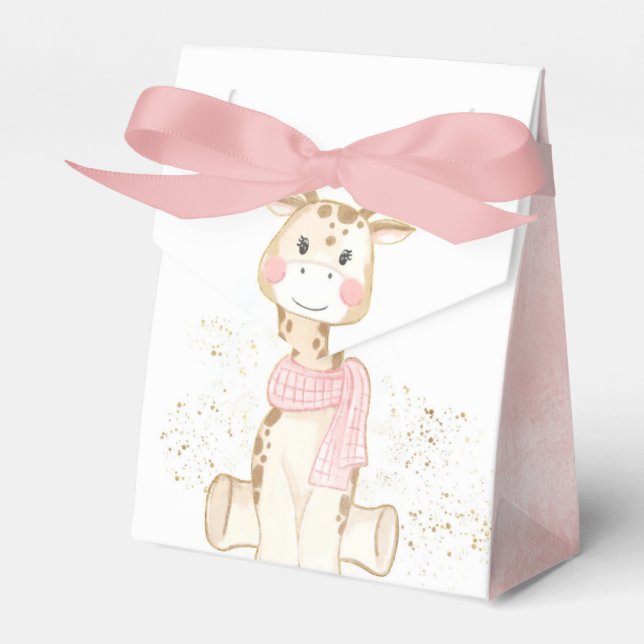 Cute Giraffe Gold Foil Glitter Baby Girl Shower Favour Box (Front Side)