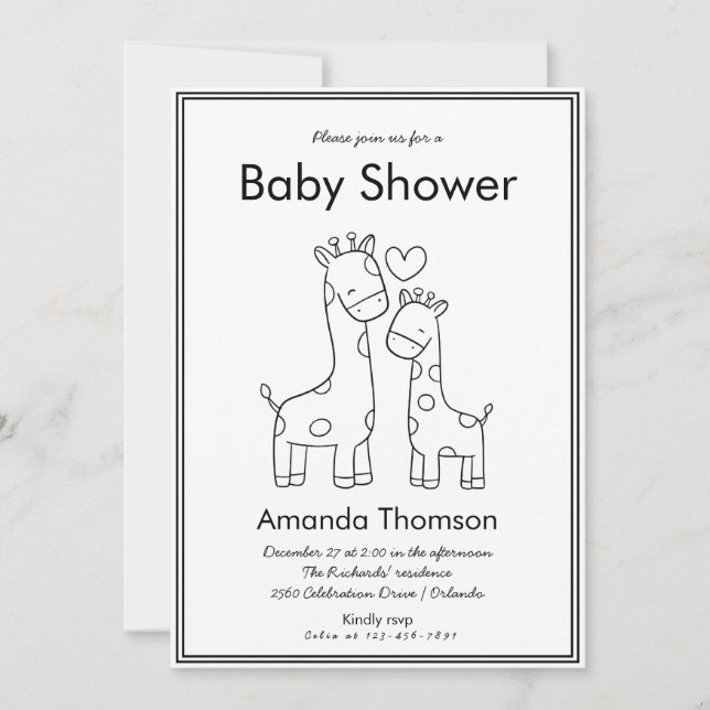 Cute Giraffe Hand Drawn baby shower Invitation (Front)