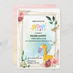 Cute giraffe Hanging clothes Floral Baby shower Invitation