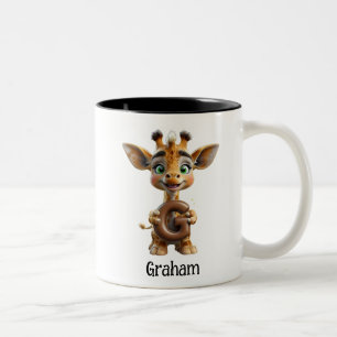 Cute Giraffe Holding Letter G Two-Tone Coffee Mug