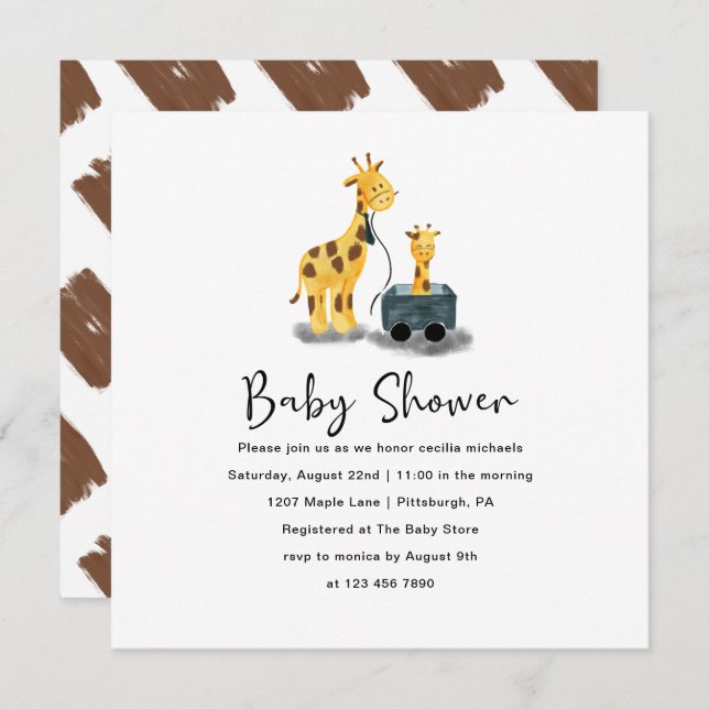 Cute Giraffe Illustration Baby Shower Invitation (Front/Back)
