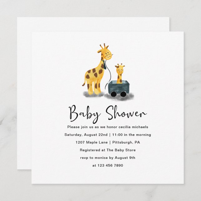 Cute Giraffe Illustration Baby Shower Invitation (Front/Back)
