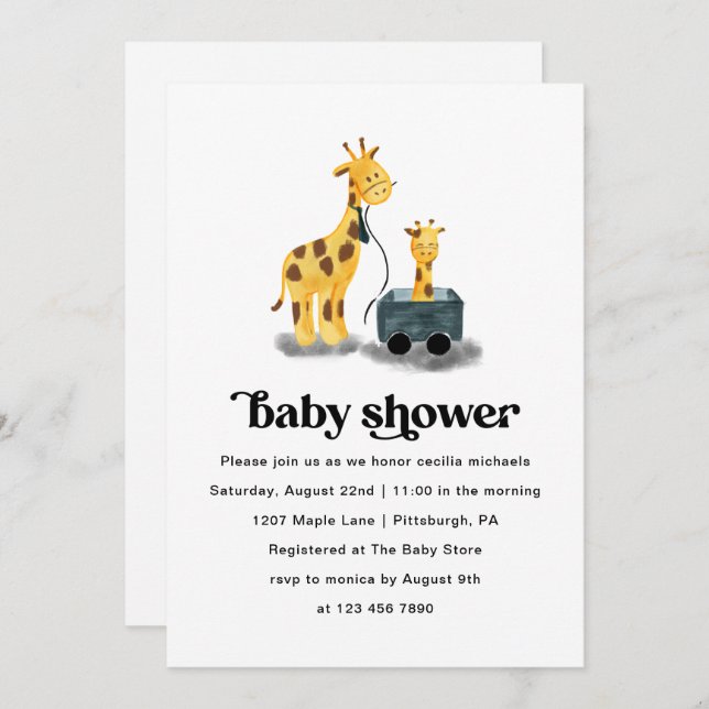 Cute Giraffe Illustration Typography Baby Shower Invitation (Front/Back)