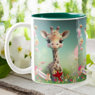 Cute Giraffe in Garden Personalised Two-Tone Coffee Mug