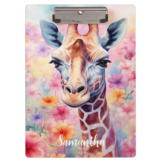 Cute Giraffe in Pink Flowers  Clipboard (Front)