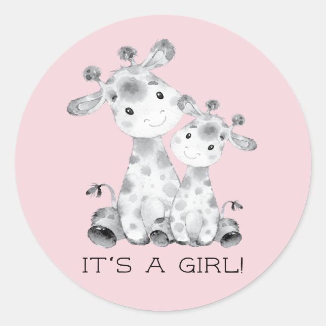 Cute Giraffe It' a Girl Favour Sticker (Front)