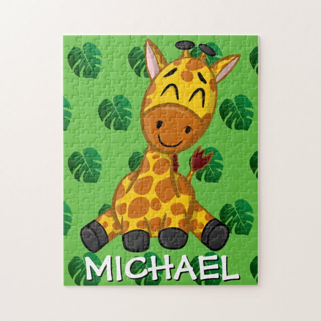 Cute Giraffe Jungle Green Name Cartoon Rainforest Jigsaw Puzzle (Vertical)