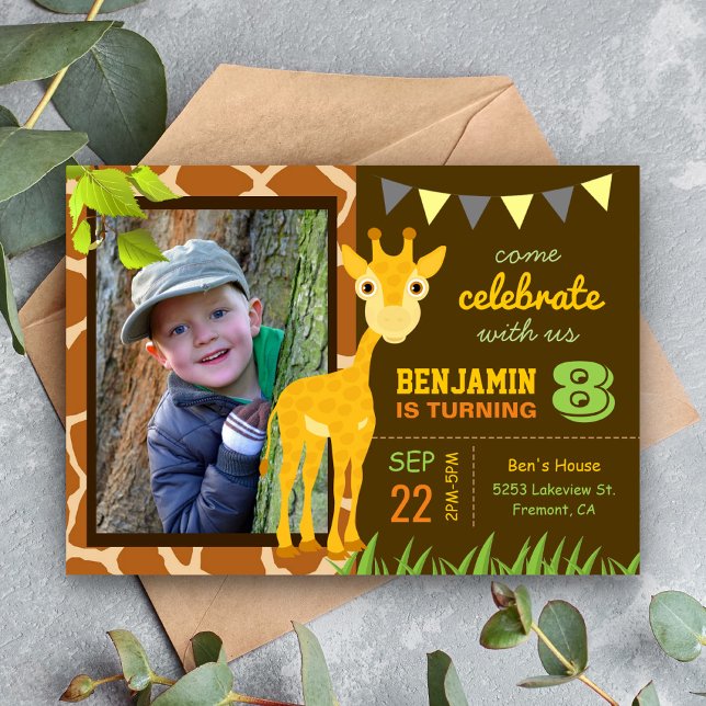 Cute Giraffe Kids Birthday Party Photo Invitation (Creator Uploaded)
