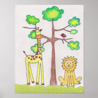 Cute giraffe lion illustration nursery art poster