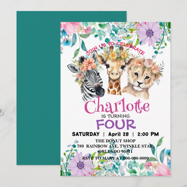 Cute giraffe Lion jungle Animals Birthday Floral Invitation (Front/Back)