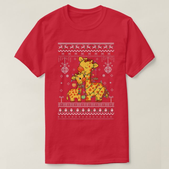 cute Giraffe lovers Xmas Lights ugly Xmas pattern  T-Shirt (Design Front)