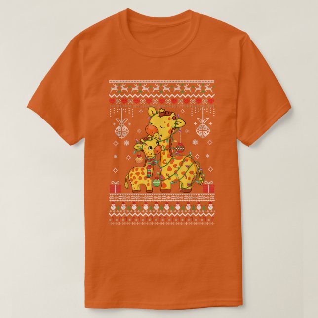 cute Giraffe lovers Xmas Lights ugly Xmas pattern  T-Shirt (Design Front)