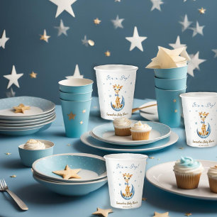 Cute Giraffe Moon & Stars Soft Blue Baby Shower Paper Cups