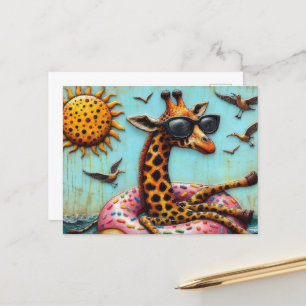 Cute Giraffe on Doughnut Floatation Device Birds F Postcard
