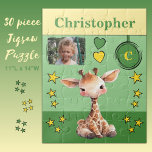 Cute giraffe photo name green yellow kids jigsaw puzzle<br><div class="desc">30 piece jigsaw puzzle for kids.
Featuring a cute giraffe,  with stars and love hearts.
Add a name,  initial and a photo.
Colour scheme: green and yellow
Children's gift idea.</div>
