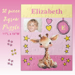 Cute giraffe photo name pink yellow kids jigsaw puzzle<br><div class="desc">30 piece jigsaw puzzle for kids.
Featuring a cute giraffe,  with stars and love hearts.
Add a name,  initial and a photo.
Colour scheme: pink and yellow
Children's gift idea.</div>