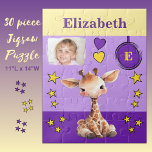 Cute giraffe photo name purple yellow kids jigsaw puzzle<br><div class="desc">30 piece jigsaw puzzle for kids.
Featuring a cute giraffe,  with stars and love hearts.
Add a name,  initial and a photo.
Colour scheme: purple and yellow
Children's gift idea.</div>