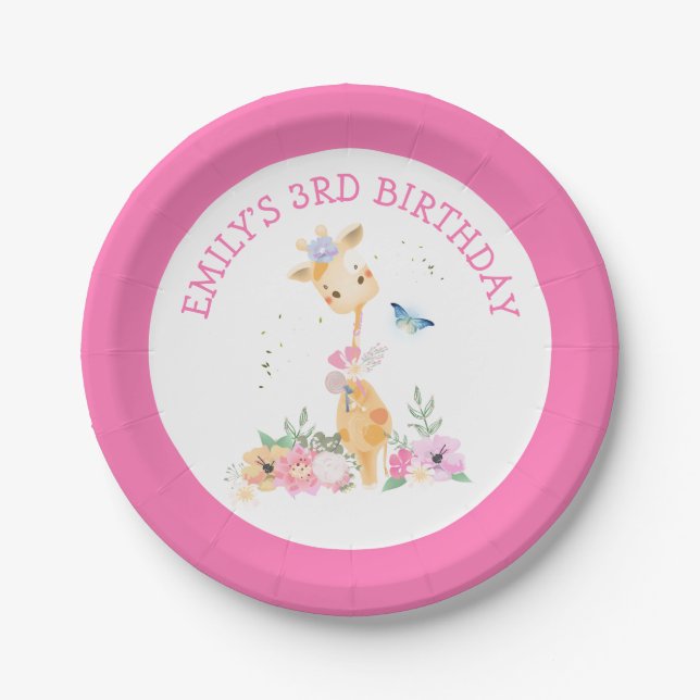 Cute Giraffe Pink Florals Girls 3rd Birthday Party Paper Plate (Front)
