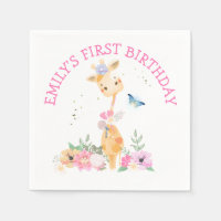 Cute Giraffe Pink Flowers Girls 1st Birthday Party