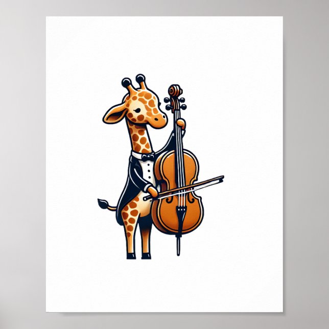 Cute Giraffe Playing Cello Giraffes Musician Music Poster (Front)
