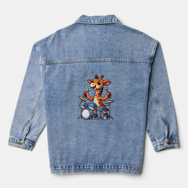 Cute Giraffe Playing Drums Giraffes Drummer Music  Denim Jacket (Back)