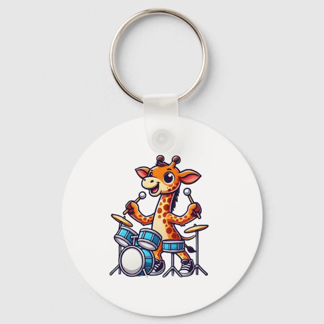Cute Giraffe Playing Drums Giraffes Drummer Music  Key Ring (Front)