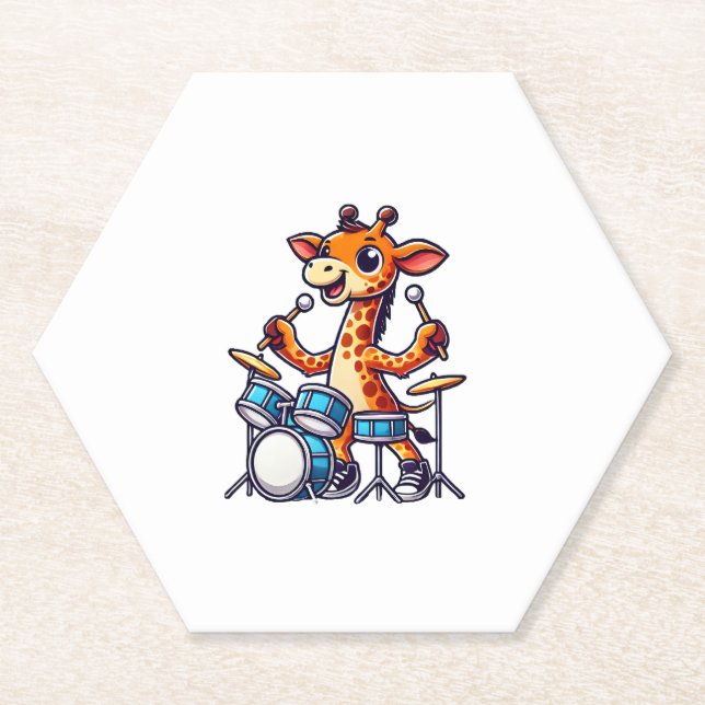 Cute Giraffe Playing Drums Giraffes Drummer Music  Paper Coaster (Front)