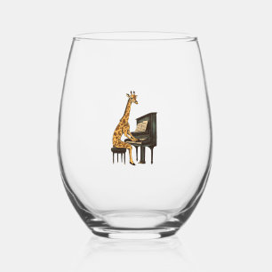 Cute Giraffe Playing Piano Giraffes Musician Music Stemless Wine Glass