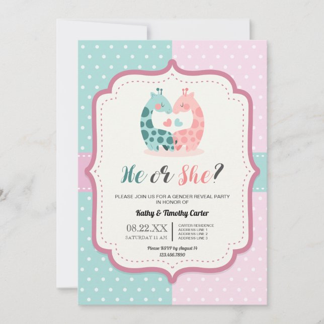 cute giraffe polka dots gender reveal party hearts invitation (Front)