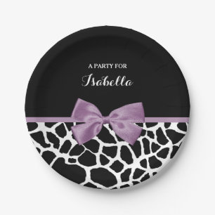 Cute Giraffe Print Lavender Purple Bow With Name Paper Plate