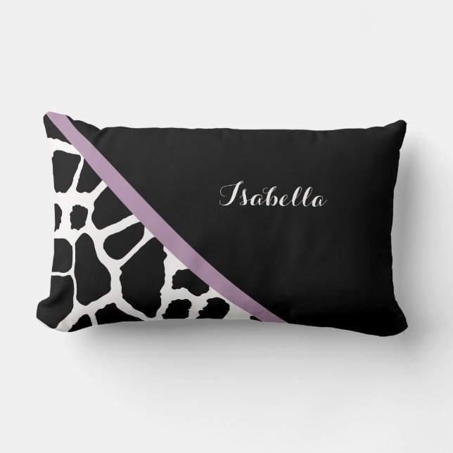 Cute Giraffe Print Lavender Purple Stripe and Name Lumbar Cushion (Front)