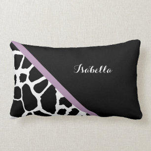 Cute Giraffe Print Lavender Purple Stripe and Name Lumbar Cushion