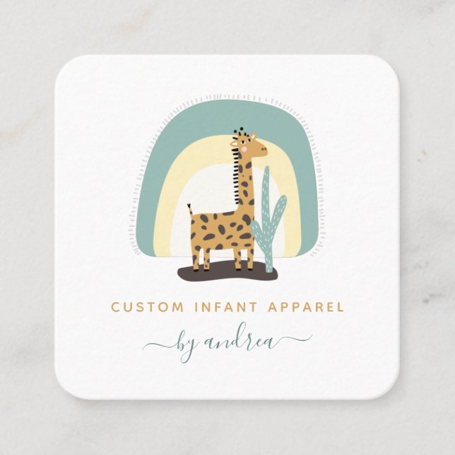 Cute Giraffe Rainbow & Cactus Cacti Baby Boutique Square Business Card (Front)