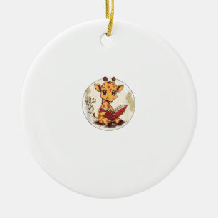 Cute Giraffe Reading Book With Leaves Illustration Ceramic Tree Decoration