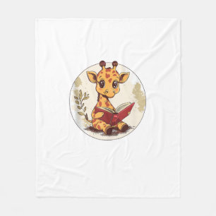 Cute Giraffe Reading Book With Leaves Illustration Fleece Blanket