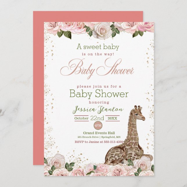 Cute Giraffe Rose Baby Shower Invitation (Front/Back)