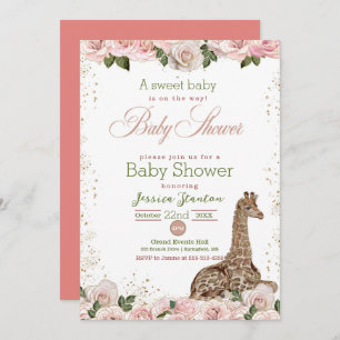 Cute Giraffe Rose Baby Shower Invitation