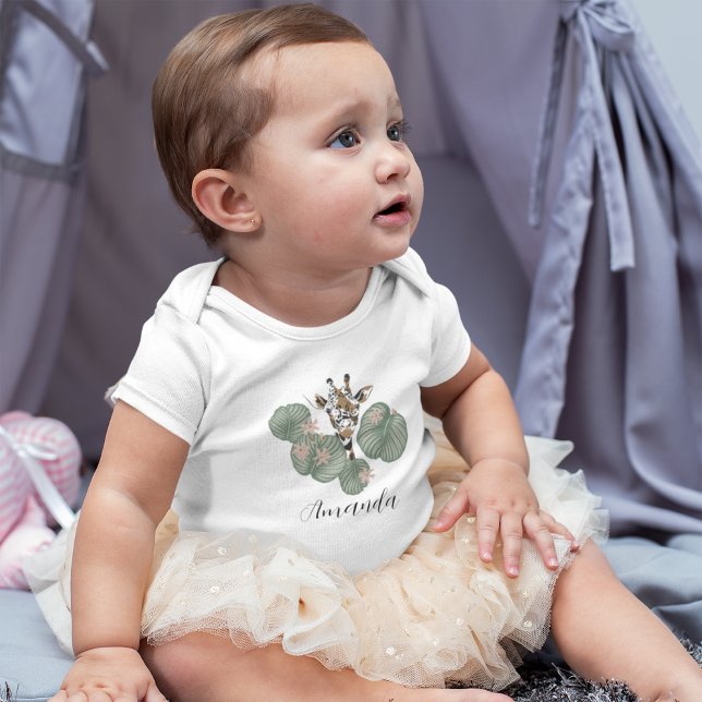 Cute Giraffe Safari Animal Botanical Birthday Baby Bodysuit (Creator Uploaded)