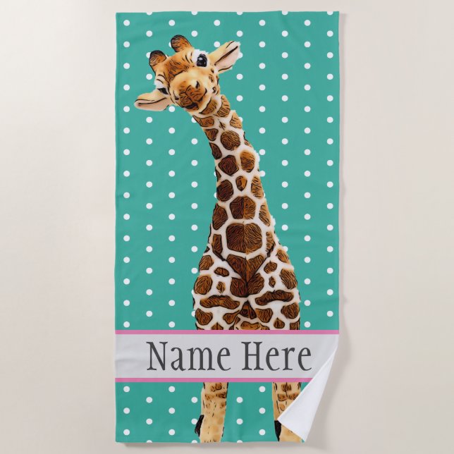 Cute Giraffe Safari Animal Jungle Wild Name Teal Beach Towel (Front)