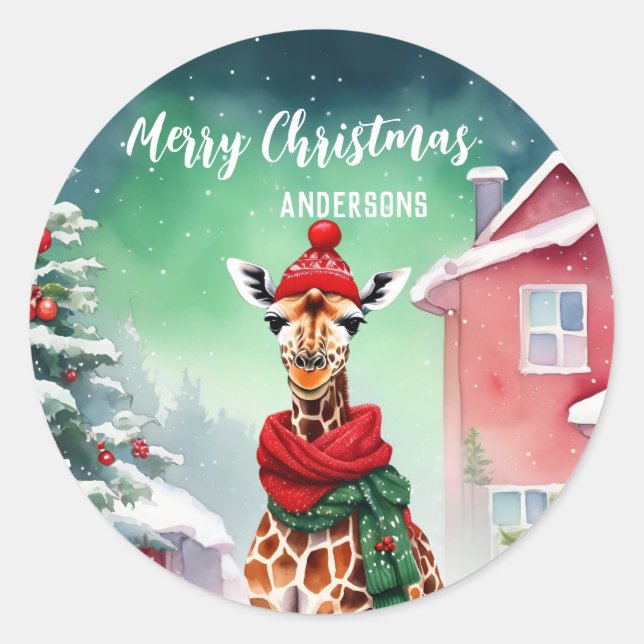 Cute Giraffe safari Santa Christmas birthday party Classic Round Sticker (Front)