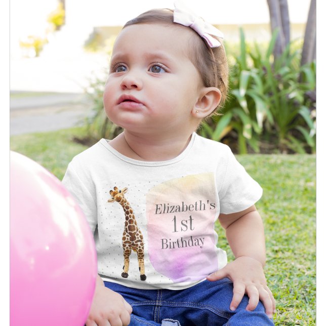 Cute Giraffe Safari Wild Pink 1st Birthday Party Baby T-Shirt (Creator Uploaded)