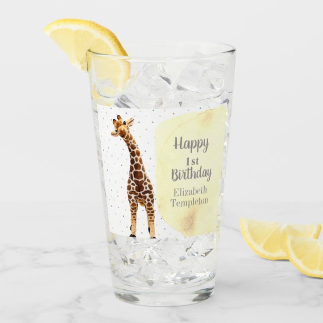 Cute Giraffe Safari Wild Yellow 1st Birthday Party Glass (Front Ice)