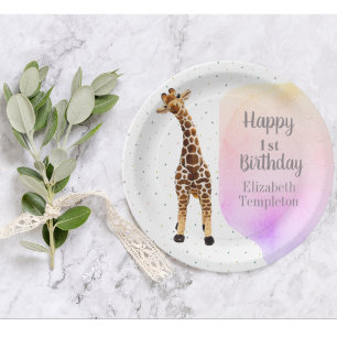 Cute Giraffe Safari Wild Yellow 1st Birthday Party Paper Plate