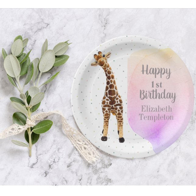 Cute Giraffe Safari Wild Yellow 1st Birthday Party Paper Plate (Cute giraffe First Birthday watercolor paper plate)