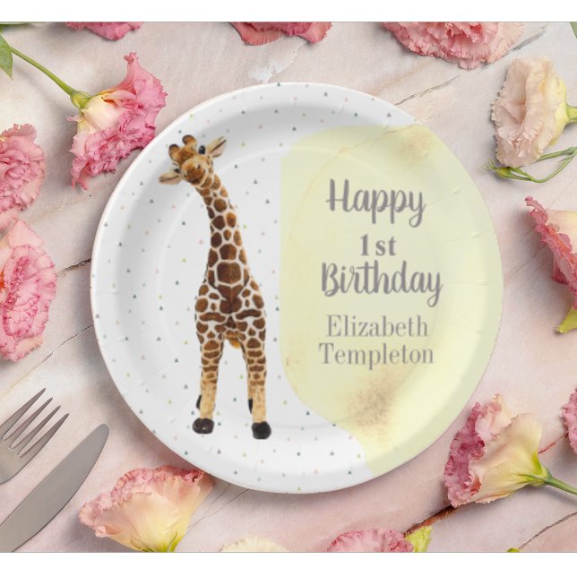 Cute Giraffe Safari Wild Yellow 1st Birthday Party Paper Plate (Creator Uploaded)