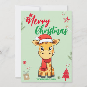 Cute Giraffe santa Christmas Holiday Family name Card
