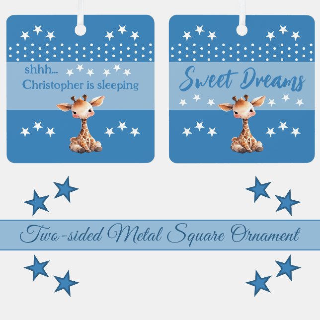Cute giraffe shhh add name is sleeping blue metal tree decoration (Creator Uploaded)
